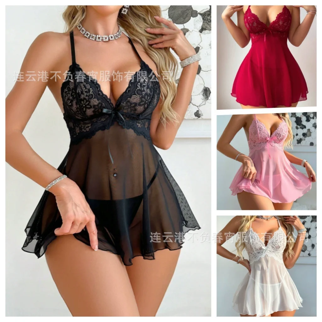 Lace-trimmed sheer babydoll lingerie in black, red, pink, and white