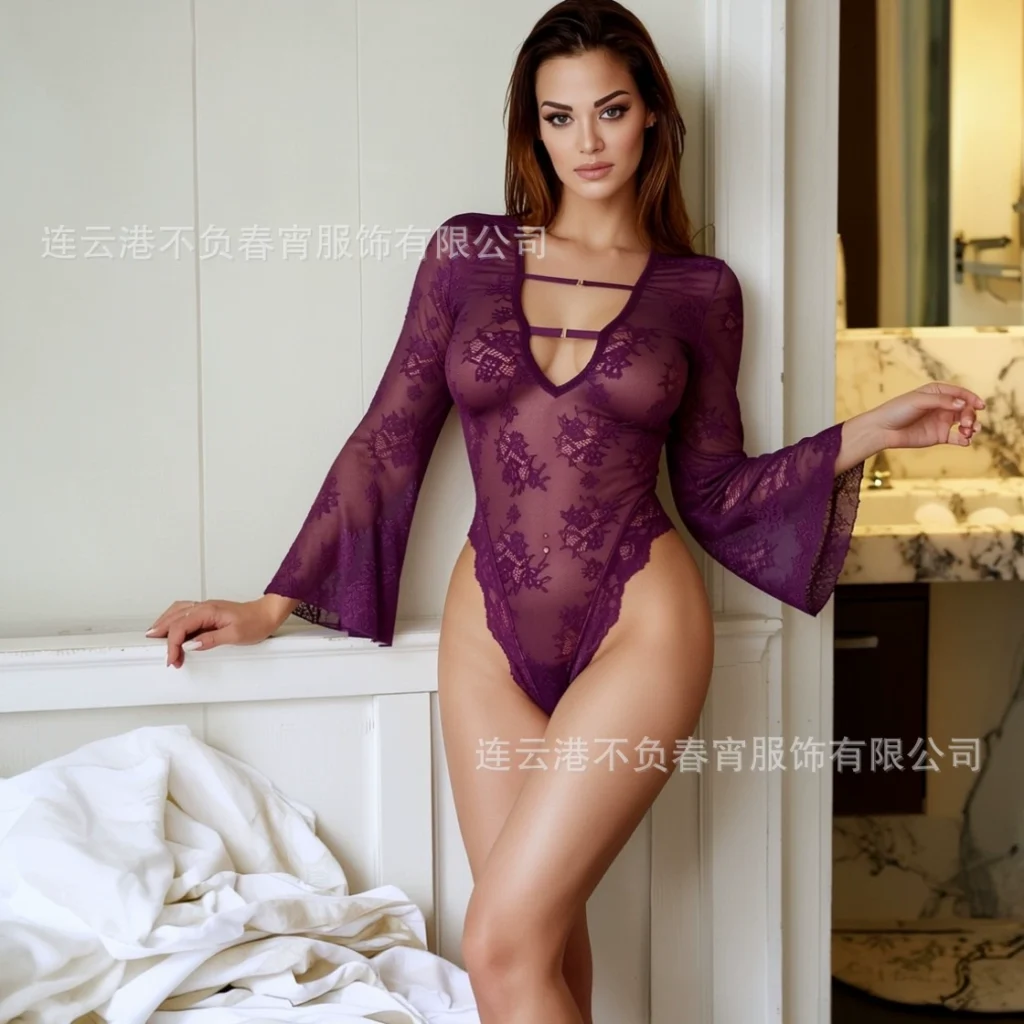 Lace Bodysuit with Bell Sleeves Purple