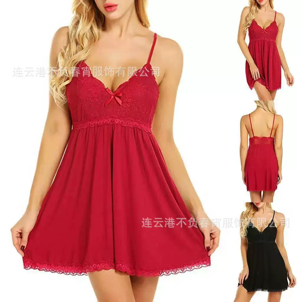 Lace Trim Nightdress with Bow Detail in Red