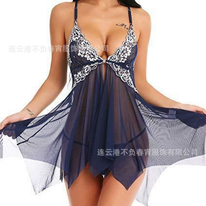Lace-trimmed sheer nightgown with deep V-neck, navy blue