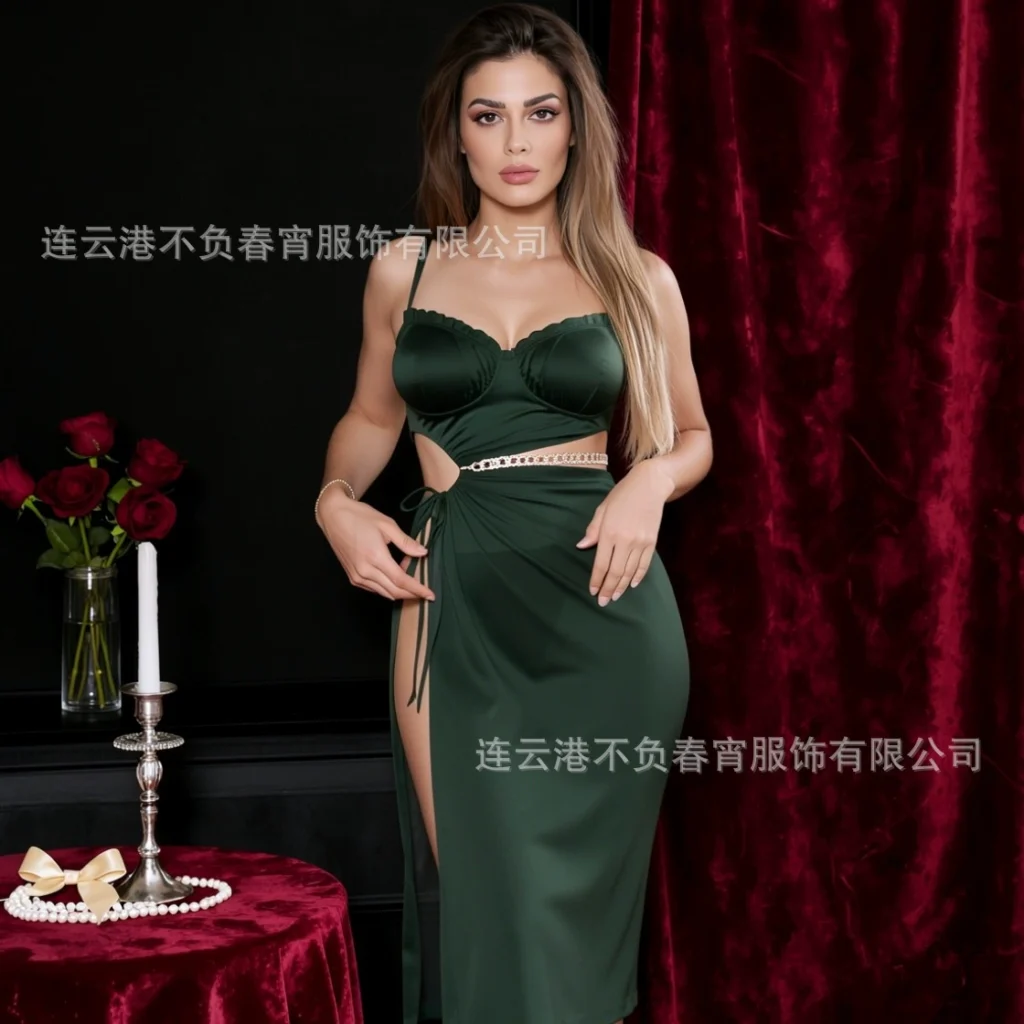 Green Satin Two-Piece Set with Side Slit and Rhinestone Belt