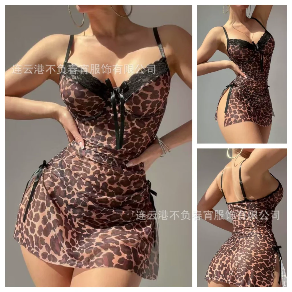 Leopard Print Lace Trim Bodysuit, Brown and Black