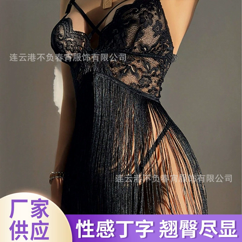 Black Lace Fringe Thong Bodysuit with Open Back