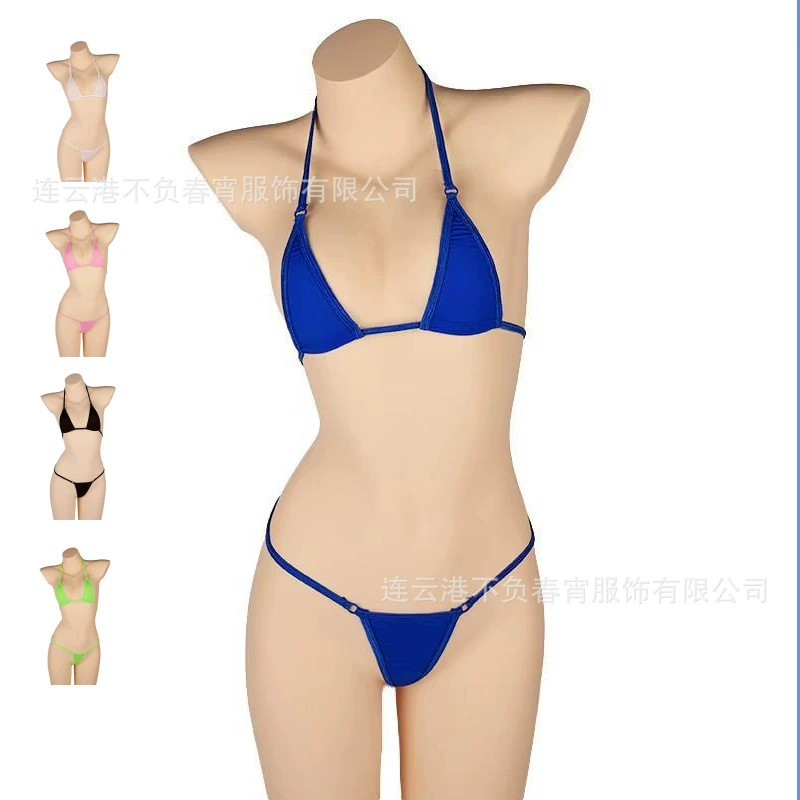 Blue Triangle Bikini Set with Halter Neck and Thong Bottom