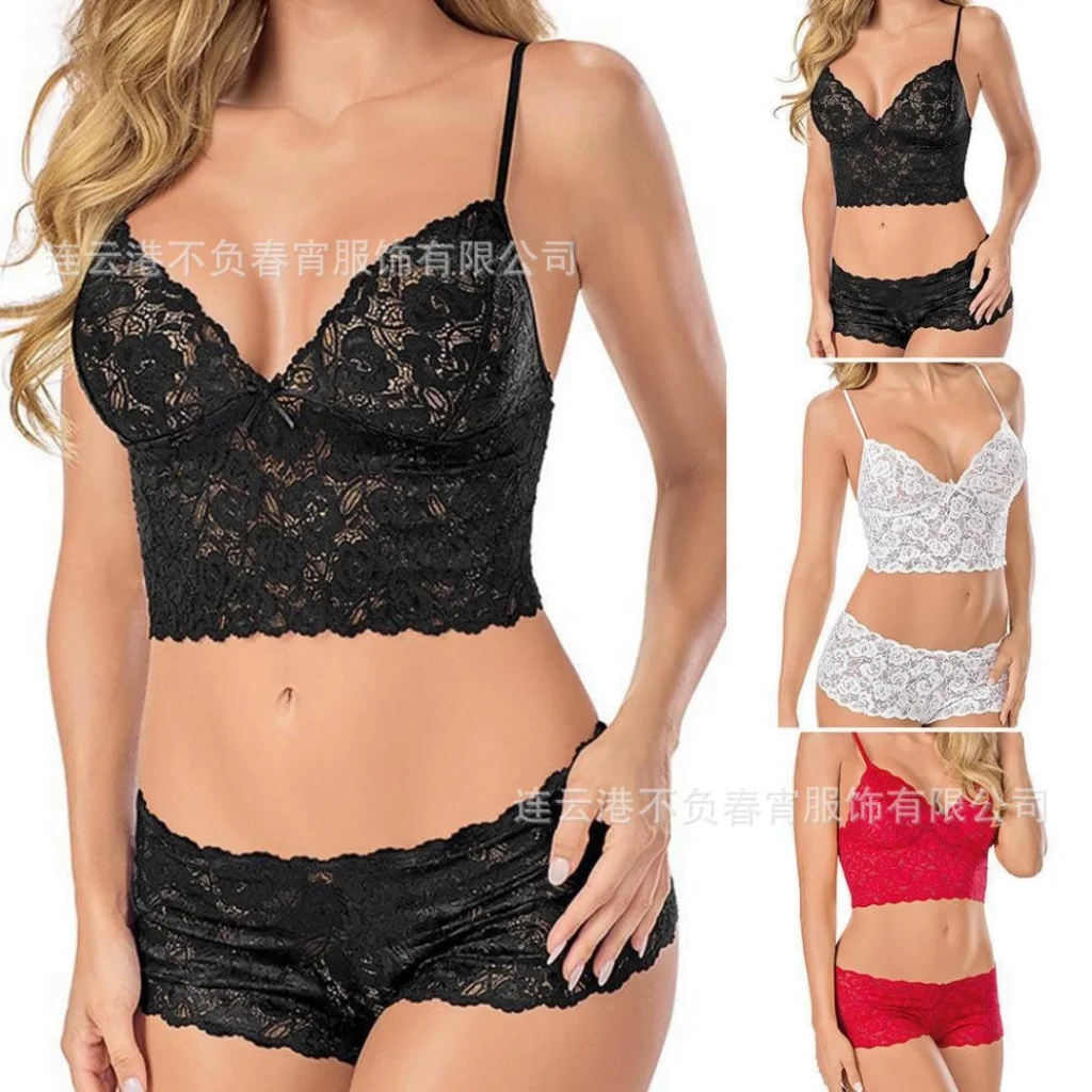 Lace Bralette and Boyshort Set - Black